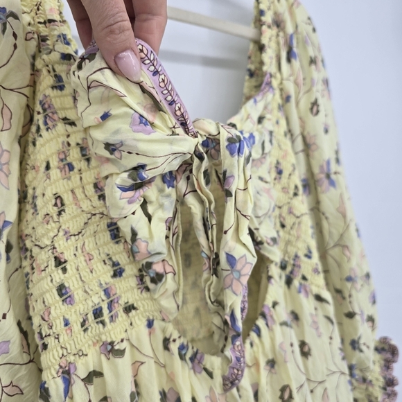 Omika Square Neck Mini Dress floral yellow bow back puffer sleeve size large - Picture 9 of 12